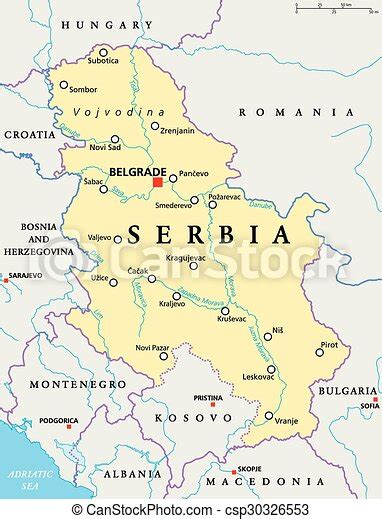 Szerbia, politikai, térkép. Térkép, scaling., illustration., politikai, nemzeti főváros, szerbia ...