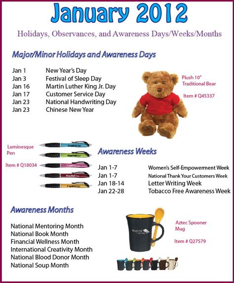 January 2012 Holidays Observances And Awareness Dates