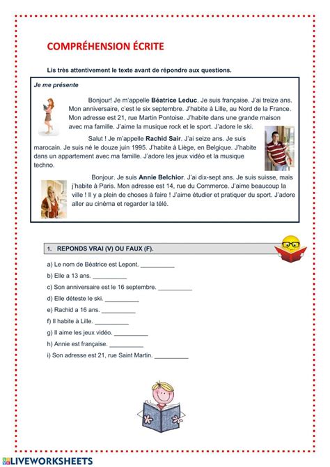 Compréhension écrite Interactive Worksheet Teaching Comprehension