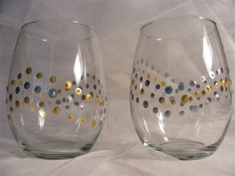Painted Wine Glasses Stemless With Gold And Silver Polka Dots Etsy