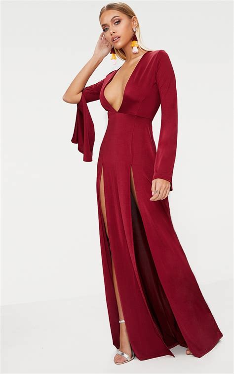 Burgundy Plunge Extreme Double Split Long Sleeve Maxi Dress Prettylittlething Usa