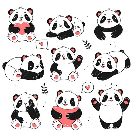 Un Conjunto Con Lindos Personajes De Panda En Un Estilo De Garabato