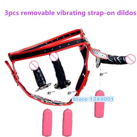 genuine leather strapon dildos 3pcs removable vibrating penis sex consoladores strap on