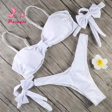 pacento bikini set solid white bowknot wrapped chest bikini 2018 vintage bandeau sexy swimsuit