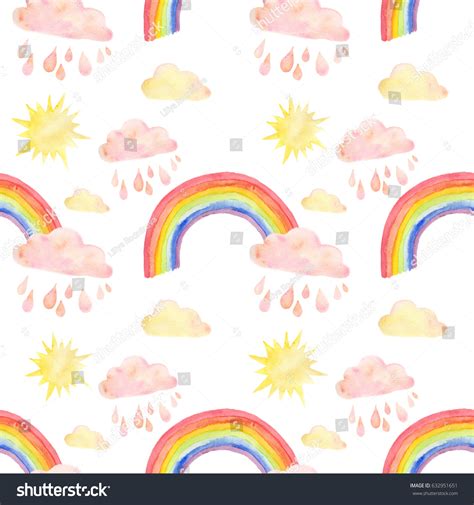 Watercolor Seamless Pattern Rainbow Clouds Raindrops Stock Illustration