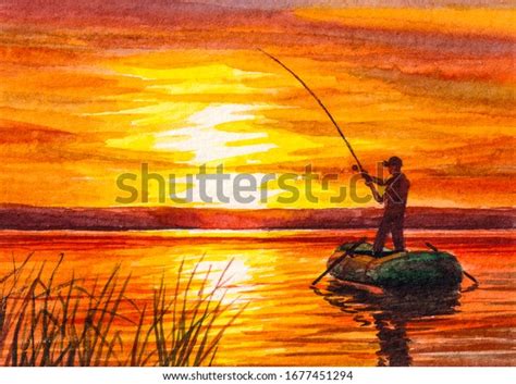 Fisherman Fishing Boat Fishing Rod Sunset Stock Illustration 1677451294