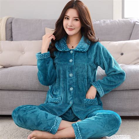 warm flannel pajamas set for women thick coral velvet long sleeve panamas sets nightgown