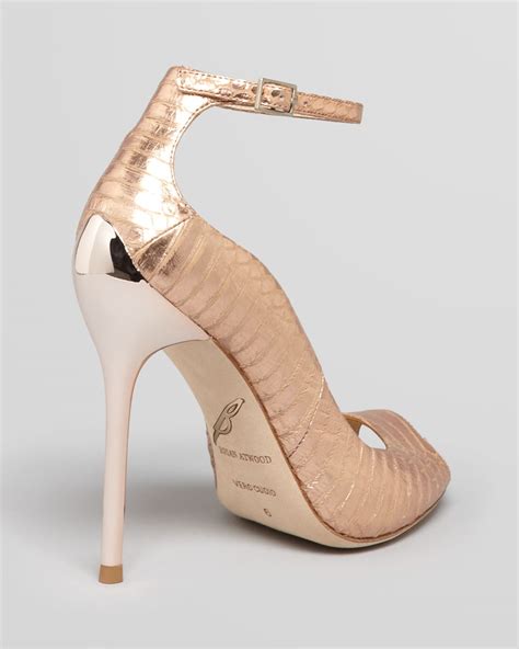 lyst b brian atwood peep toe pumps leida high heel in metallic