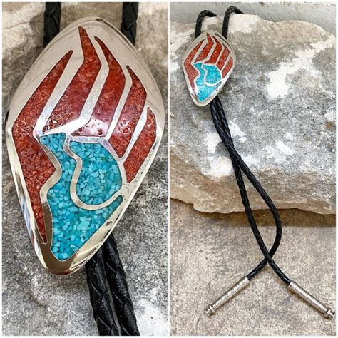 Vtg Bear Claw Coral Turquoise Inlay Bolo Tie Western Rodeo Etsy