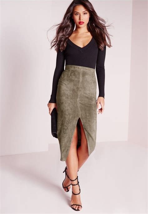 Split Front Longline Faux Suede Midi Skirt Khaki Missguided With