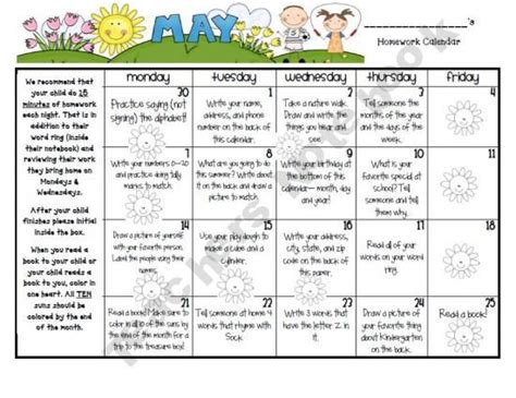 Preschool Homework Calendar Activities Thekidsworksheet