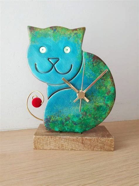 Blue Cat Clock Ceramic Wall Clock Of Turquoise Blue And Green Cat