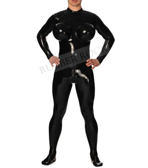 Latex Inflatable Breast Catsuits Latex Rubber Cross Dressing Bodysuit