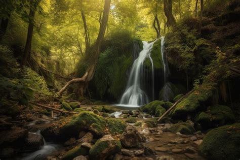 Premium Ai Image A Waterfall In A Forest With Green Moss And Trees