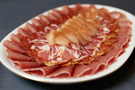 Assortment Of Delicatessen Cold Meat Salami Ham And Bacon Stock Photo