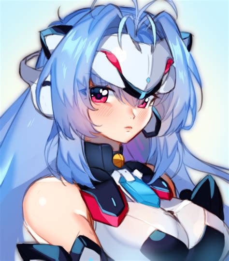 Safebooru 1girl Android Blue Hair Breasts Chest Jewel Closed Mouth