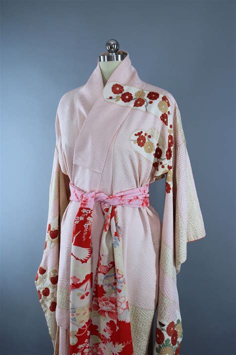 1960s Vintage Silk Kimono Robe Furisode In Pastel Pink And Red Floral