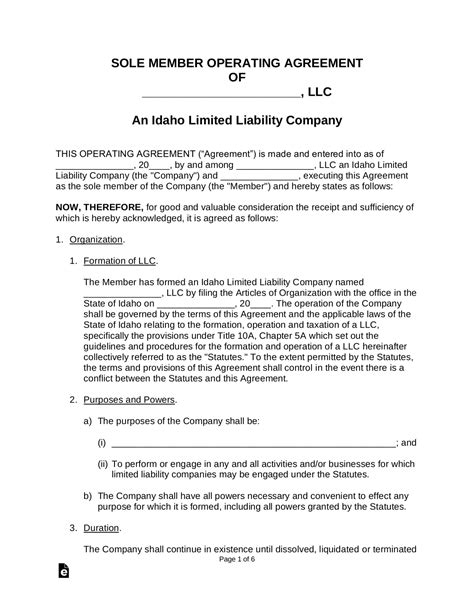 Free Idaho Single Member Llc Operating Agreement Form Pdf Word Eforms