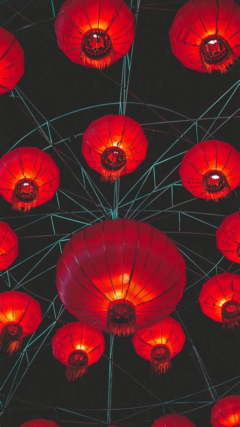 Download Wallpaper 2160x3840 Chinese Lanterns Lights Red Dark
