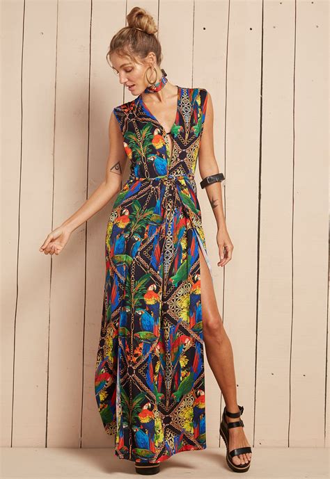Maxi Dresses Long Flowing Tropical Print Beach Dress Vestido Halia