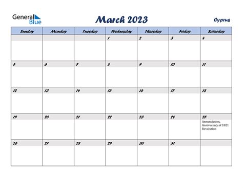 Cyprus March 2023 Calendar With Holidays
