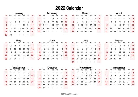 Free Printable Yearly 2022 Calendar With Holidays Usa Printable