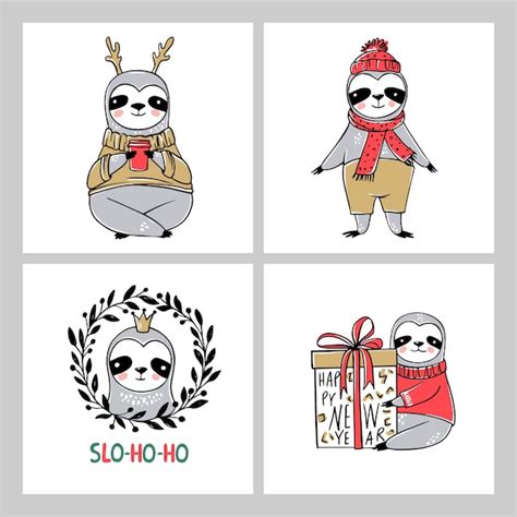 Premium Vector Cute Sloth Merry Christmas Cards Collection Funny