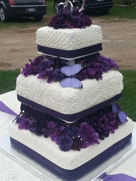 Purple Flowers And Butterfly Wedding Cake