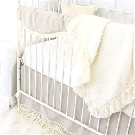 Neutral linens, buffalo plaids, stripes & more neutral crib bedding sets. Close up of linen & ivory neutral crib bedding set ...