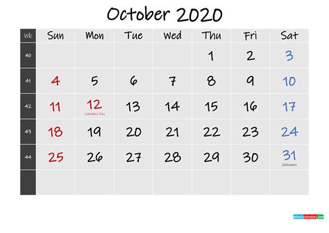 Printable October 2020 Calendar Word Template K20m262
