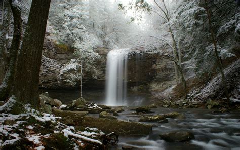 Stream Snow Forest River Winter Waterfall Wallpaper