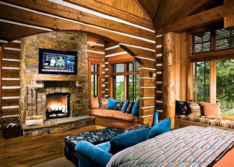 Log Home Bedrooms Master Bedroom With Fireplace And Arched Wall Log