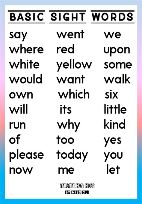 Teacher Fun Files Basic Sight Words Chart