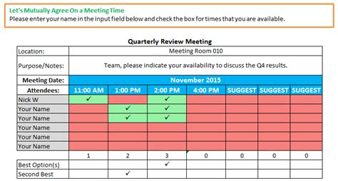 Excel Spreadsheets Help Schedule Meeting Time Template