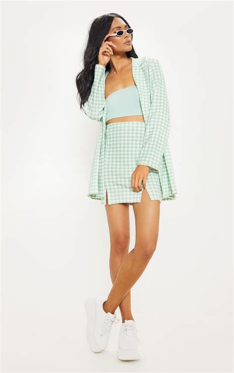 Mint Gingham Slit Front Mini Skirt Skirts Prettylittlething