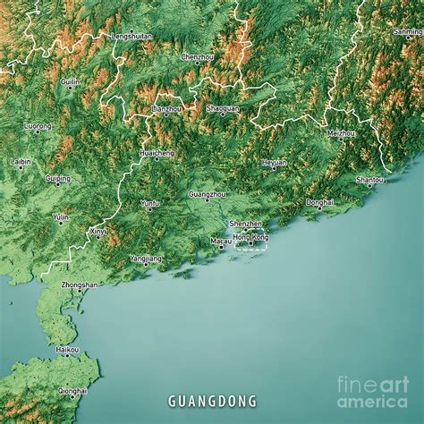 Guangdong China 3d Render Topographic Map Color Border Cities Digital