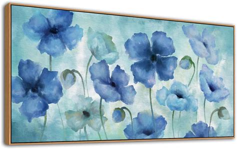 Framed Abstract Flowers Wall Art Blue Elegant Floral