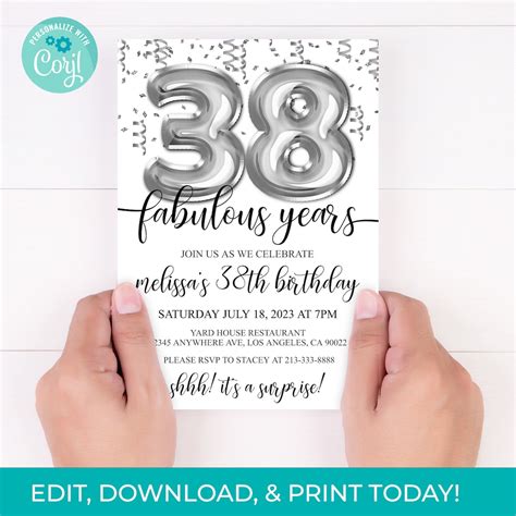 38th Birthday Editable Invitation 38th Invite Silver Balloons Etsy
