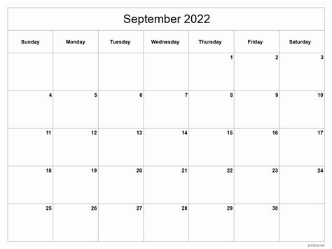Printable September 2022 Calendar Classic Blank Sheet