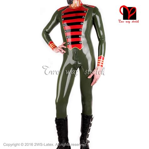 Best Seller Sexy Military Latex Catsuit With Stripes Back To Crotch Zip