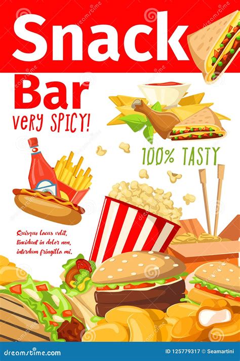 Fast Food Sandwiches And Dessert Snacks Bar Poster Stock Vector