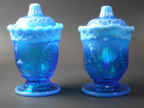 Westmoreland Glass Covered Creamer And Sugar Strutting Peacock Opalescent Blue Update