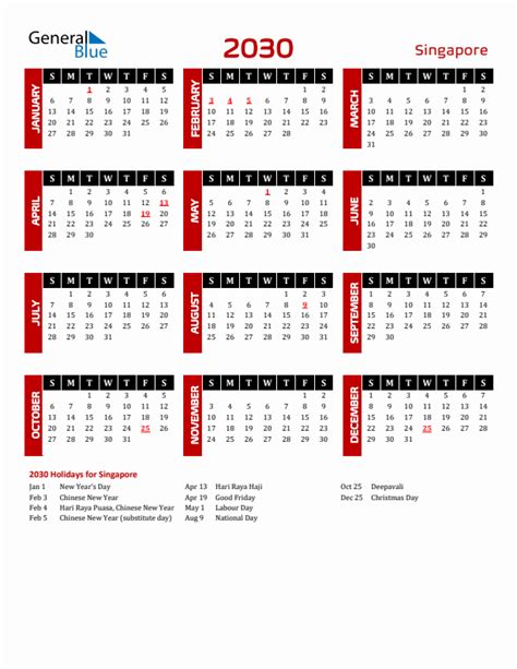 2030 Singapore Calendar With Holidays