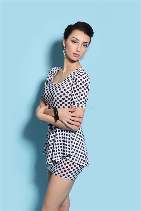 Young Beautiful Brunette In A Polka Dot Dress Stock Image Image Of High Glamour 207603647