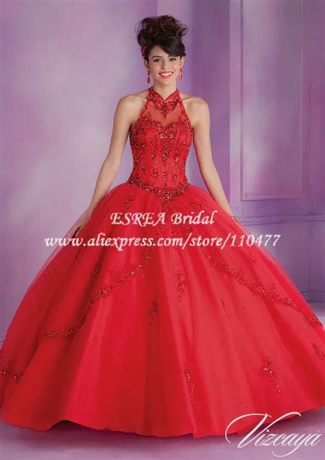 New Arrival Bead Halter Red Quinceanera Dresses Ball Gowns Vestido De 15 Anos De Debutante Mq091