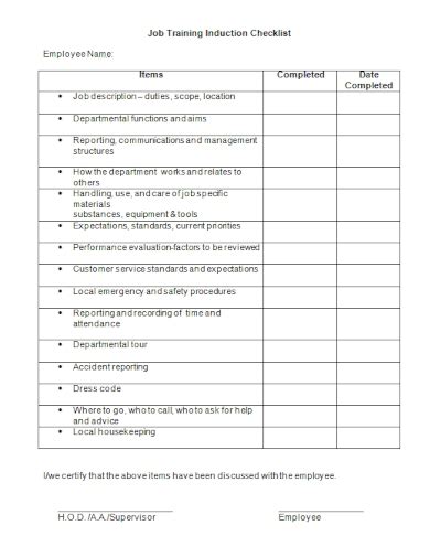 Free 10 Job Training Checklist Samples Employee Specific Induction