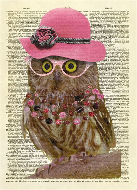 Lady Owl Art With Hat And Glasses Dictionary Art Print Owl Art