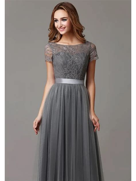 Gray Lace Tulle Floor Length Short Sleeves Sheer Neckline Bridesmaid