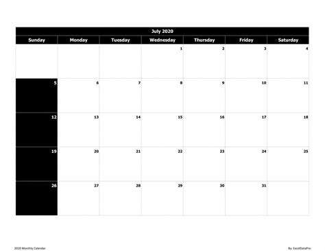Download 2020 Monthly Calendar Sun Start Black And White Excel Template