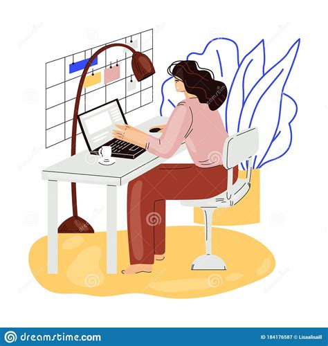 Freelance Woman Work In Comfortable Cozy Home Office Vector Flat